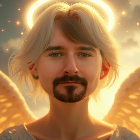 Create a close-up portrait of an ordinary person transforming into an angel of God with short hair like in a picture . Their face glows with a divine light, eyes filled with wisdom and serenity. A soft, radiant halo hovers above their head, and delicate, l...