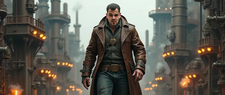 Robust man walking in front in steampunk midwestern attire, wearing a leather overcoat, intricate and mechanical details, hyperrealistic style, masterpiece. Industrial background and environment, structure with catwalks, glowing forges, industrial machines...