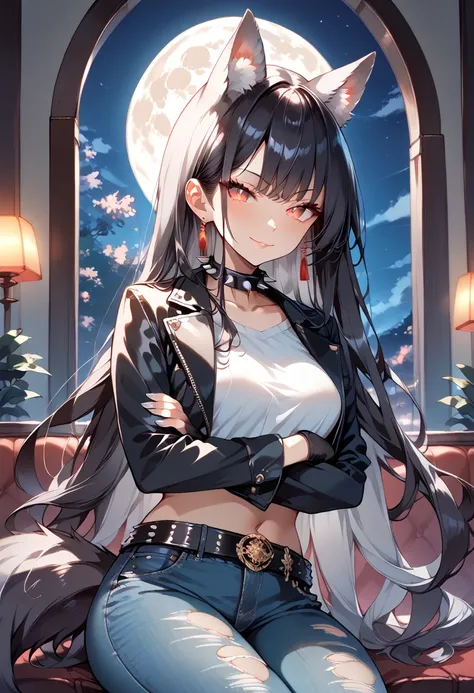 ((masterpiece, best quality, ultra detailed, high resolution, beautiful detailed face, beautiful detailed eyes, perfect hands)), (1 woman, solo, wild), (wolf ears and tail), (black hair, silver inner color hair, very long hair, diagonal bangs), (turime:1.3...