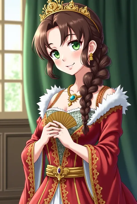 Create a picture of a 43-year-old queen with brown and long hair tied in the form of a plait, shiny green eyes, white skin, wearing a luxurious royal dress, holding a fan in her hand. She looks cunning, pampered and flaunted in the form of an anime. She lo...