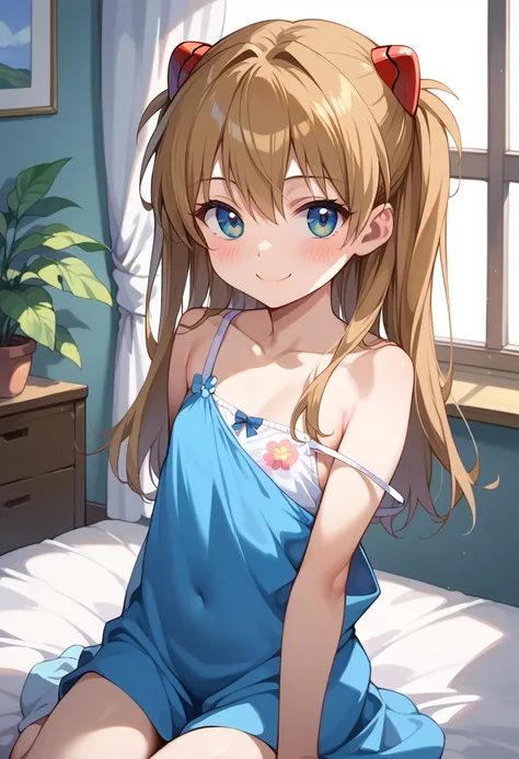 (( top quality)), (( Masterpiece)), (be familiar with),  perfect face,  indoor, bedroom,  watching viewers,
One woman,  Soryu Asuka Langley,
開いた口,  ecstatic expression, blush, smile,
 small tits,  flat chest, Young girl,  lori,  s,  girl,
 long hair,  two ...