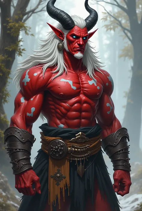 Kallista Ironhide is a 20-year-old Barbara tiefling, with 1, 75 m tall and 80 kg .  His skin is red ,  marked by large white spots , Like vitiligo ,  softening her demonic appearance . His eyes are intense blue,  and her white hair is wild and disheveled ....