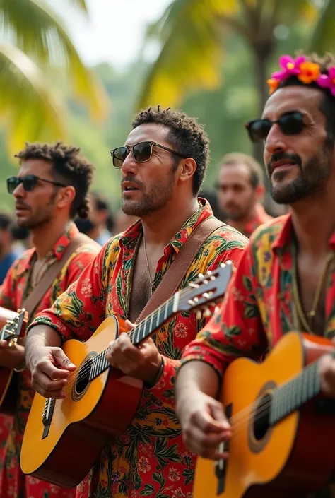 
playing a guitar in a tropical musical group with matching clothing