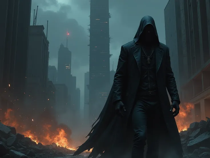 Key art of a futuristic and apocalyptic game featuring a villain-looking character in a city environment with buildings and large buildings being destroyed. The character must be the main focus and located on the right side of the screen, The image must se...