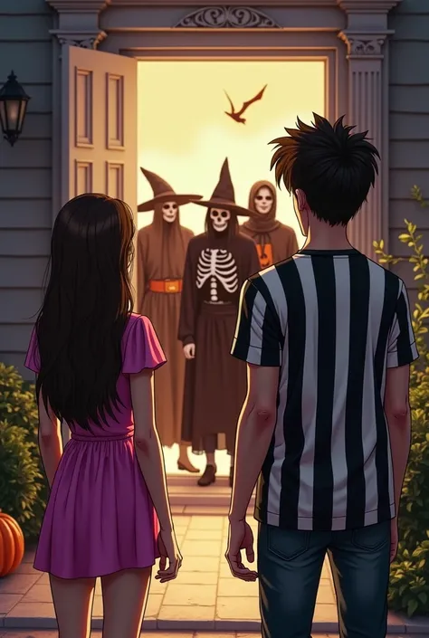 It's night , young Woman with long brown hair in short fuchsia dress and young tall italian man with black hair and black and white vertical striped t-shirt are inside an English style house, looking outside the door and ren arrive dressed as witches, Hall...