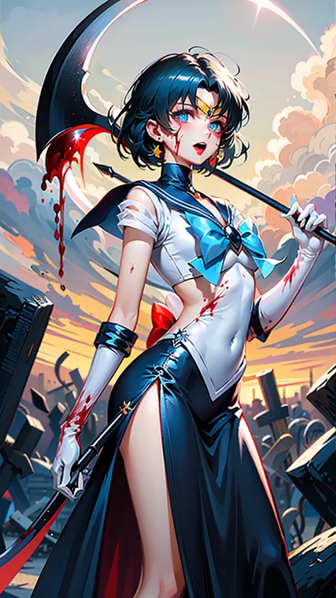 ( top quality、 ultra high resolution、 Dark Fantasy Art), one girl, Sailor Mercury in front of my former friends(敵とdo現れた)。(She became a member of an enemy organization )The girl who became、 has a cold smile 、( Evil Aura ) 。((Totally vampiric))do(Devil's Mag...