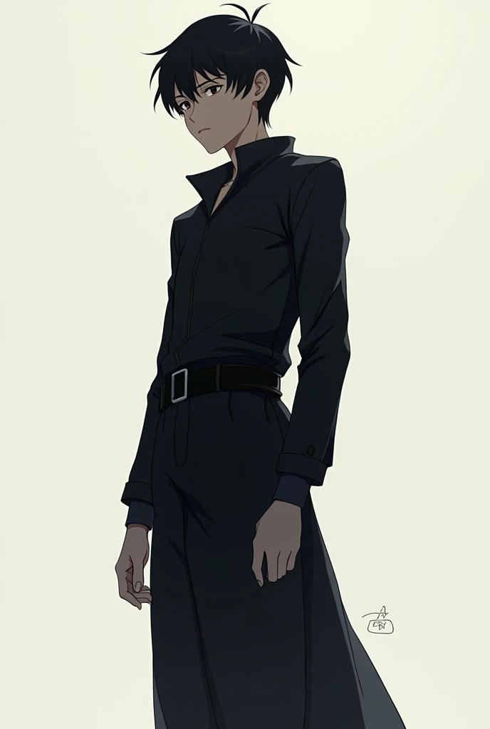 boy, years 16-18 ,  with short black hair,  tall,  in black clothes that almost completely cover his body except for his hands and head, and with small peeking muscles with an anime drawing 