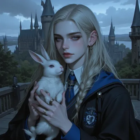 
18 year old female, blue eyes, Light Blonde,Long hair with a horse face,Stand looking at the man, smooth face,She's holding a white rabbit.,She wore a black and blue Hogwarts Ravenclaw uniform.

The surrounding atmosphere looks terrible.,Horror,Goosebumps...