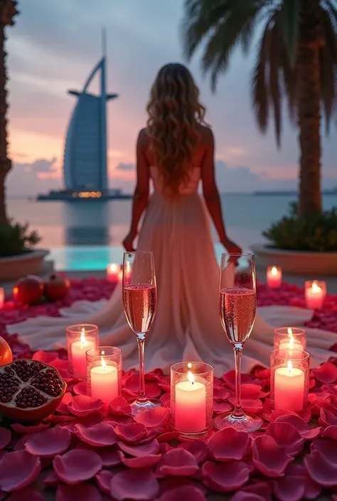 Create a wide image of Aphrodite as she really is represented in very happy Greece performing a ritual of love and prosperity in 1/4 in Dubai, filled with garden petals, champagne, glasses filled with wine and pink candles, lights up lots of pomegranate fr...