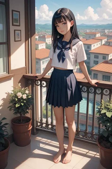 1little girl, school uniform, barefoot, flat chest, long black hair, standing, home balcony