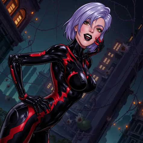 Extremely sexy beautiful mature Gothic comic book cartoon woman standing who has a sexy smile and is a half full body robot woman with short lavender blue grey hair. Brown eyes. Black and red Cyber robot suit. Big black lips. She's in a spooky Gothic futur...