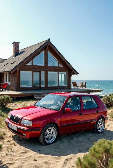 4. Beach House with a car: king super red heavy metalic color, 1996 Škoda Felicia kit car Laurin & Klement car with silver chrome polished wheels, A seaside house with a wooden deck and ocean views, with a car parked out front.