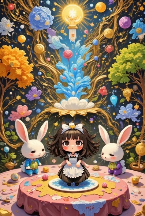 psychedelic wonderland, 1 chibi girl, funny expression, two anthropomorphized rabbits in maid dresses, ultra detailed, absolutely resolution, masterpiece