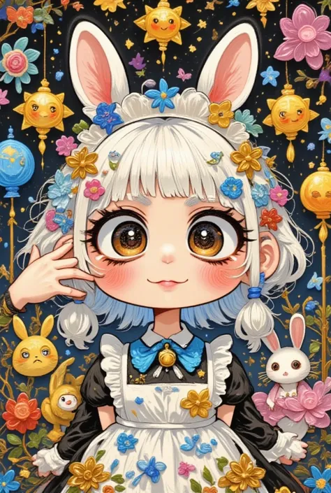 psychedelic wonderland, 1 chibi girl, funny expression, two anthropomorphized rabbits in maid dresses, ultra detailed, absolutely resolution, masterpiece