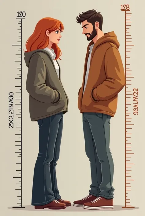 I want a picture of a 28 year old man with a weight of 68 and a height of 1.86 and a woman of the same age with a weight of 68 and a height of 158 next to each other because they are lovers. Focus on the difference in height between them. The height of the...