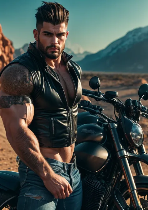 Ultra-realistic, highly detailed, chiseled young burly biker man with a muscular, shredded bodybuilder physique. His massive chest, broad shoulders, and veiny, tattooed arms exude power. His biceps and triceps are flexed, showcasing thick, vascular muscles...