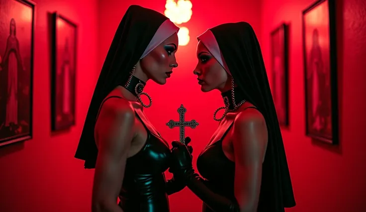 Two Demon Nuns, looking seductively at each other, with a studded choker and a hoop around her neck, sexy dressed in latex lingerie with latex mask, posing for a photo, Red neon lights with religious paintings, Red background, dark synth aesthetic, fetish ...