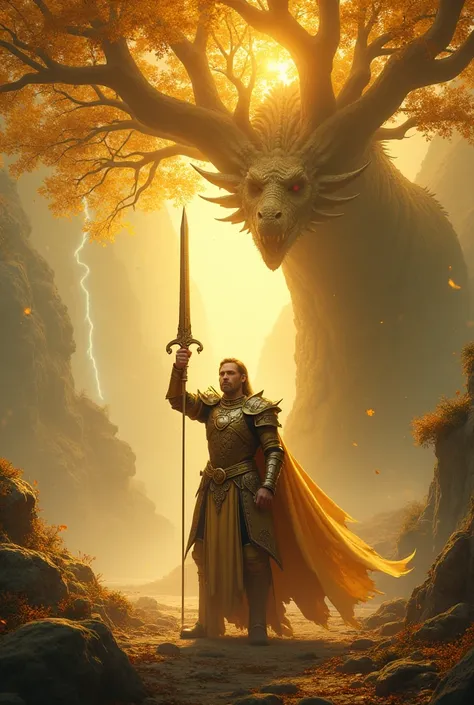 The knight of the dead holds a sacred sword under a golden tree and a dragon.