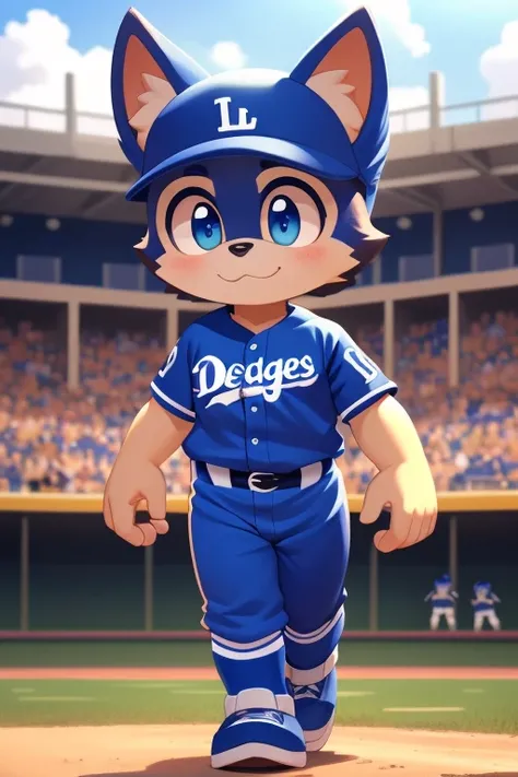 cute puppy in dodgers uniform、チアガール、 big eyes、 fluffy and big 、Background baseball field、 center slightly smaller 、whole body、Bipedal walking、
