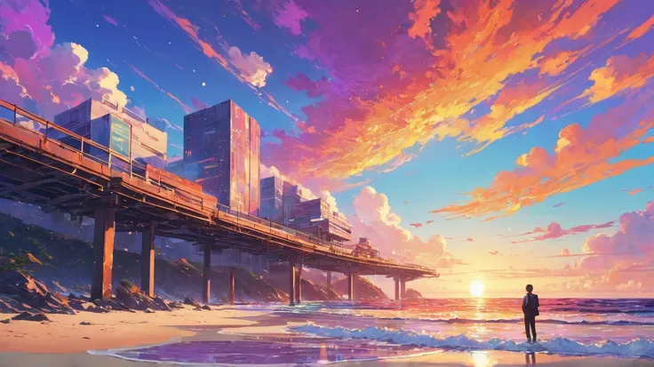 (masterpiece,  best quality:1.4),   cinematic light  ,  colorful ,  High Contrast , neon, sky, Sunshine, space, seashore, tide,  office workers,  Expansive Scenery Pictures , (a view from below that shows the sky above and the sea below use a lot of purple...