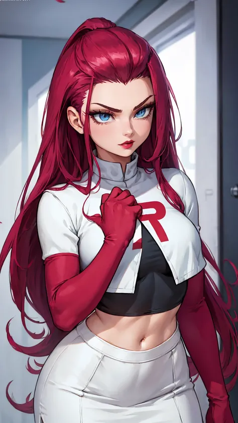 Beautiful girl standing sexy, (( hair brushed back ,  long hair,)),  big blue eyes, red lip gloss,  perfect body, team rocket ,team rocket uniform , white skirt , crop top, high averages , elbow gloves ,  masterpiece,  highres, ((Plain background:1.3))