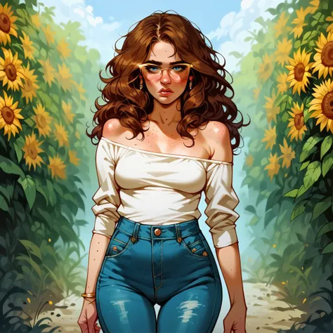 outdoor sunflower farm background, solo, 1woman, pale skin, freckles, small breasts, curvy hips, brown hair, long curly hair, blue droopy eyes, portrait, mature, chubby , golden big glasses, maternal, ((off-shoulder white shirt)), ((blue skinny jeans)), ((...