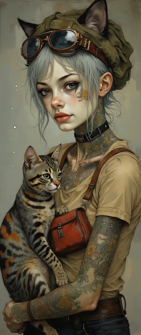 A very young girl-punk with ash-white hair, aged 20 years, of European appearance, with expressive features and noticeable freckles. Incredibly beautiful almond-shaped eyes of light green color with fluffy eyelashes are arrogantly narrowed. The lips are pl...