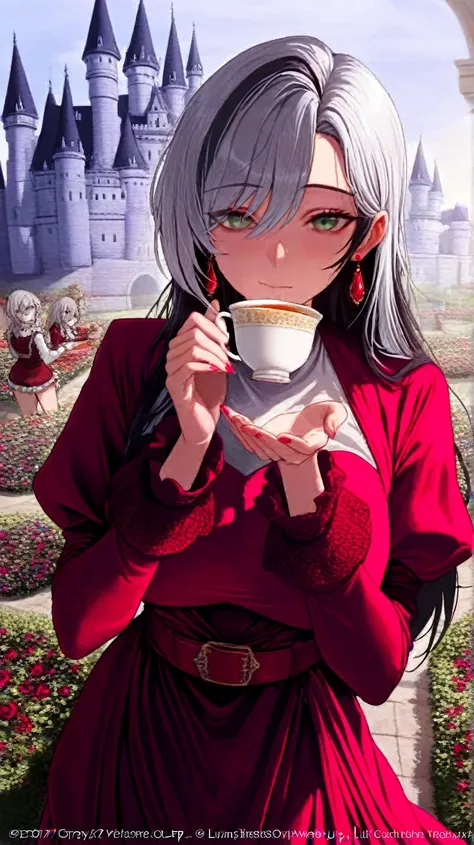 Gray-haired woman,  gray eyes,  copyright ,  red dress, red jewels, Red Earrings, lunar black belt  , nobility,  Aristocrat ,  high quality, highly detailed,  detailed face,  masterpiece, castle, Drinking tea, garden, flores, Lights