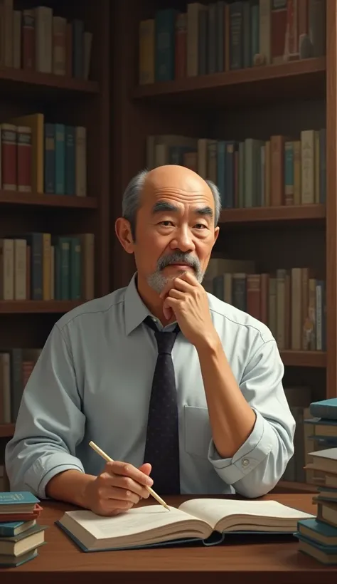  in the room、Background is bookshelf、 Japanese man、round face、 skinhead、 glasses、Mustache、Beard、Wearing a shirt and a tie、 high quality