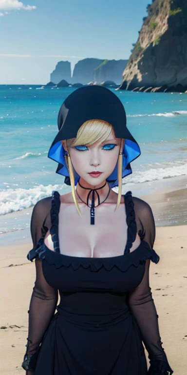  foreground , Alice Lenderott,  Blonde girl,  Extraordinary beauty and very detailed ., blue eyes and eyeliner, Gothic makeup for thick lips ,  pretty face, slender body big breasts picture 1.2 high resolution ,  on the beach 