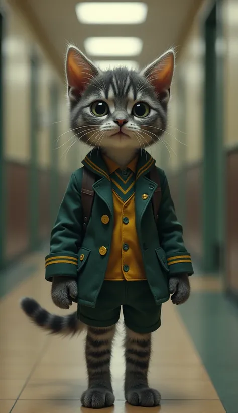  IN THE SCHOOL CORRIDOR . A baby cat color black and stripes, She is with her classmates in a dirty and torn school uniform and dark green jacket and shorts and a yellow button shirt inside and she is with her cat classmates too 