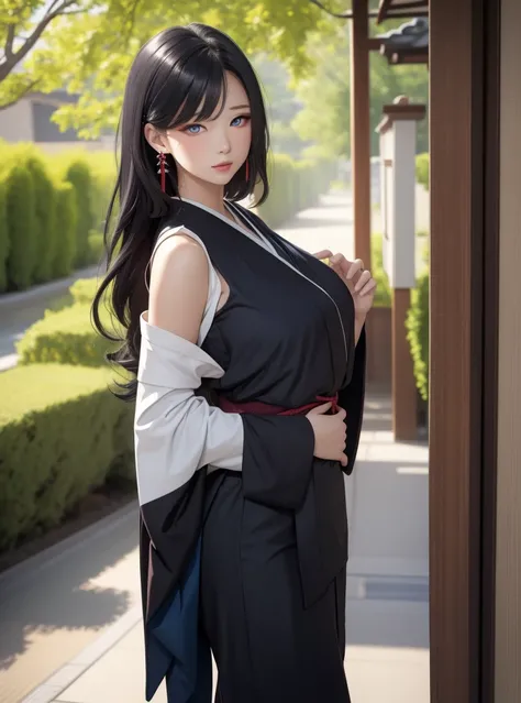       a beautiful girl   ,   blue eyes  ,       bright eyes  ,  outfit Japanese Kimono,  closed lip vest  ,     long hair,     high resolution,   Medium Breasts ,    sexy body  , sexy ,     looking at the camera  ,    wavy hair,  black kimono,  diamond ear...