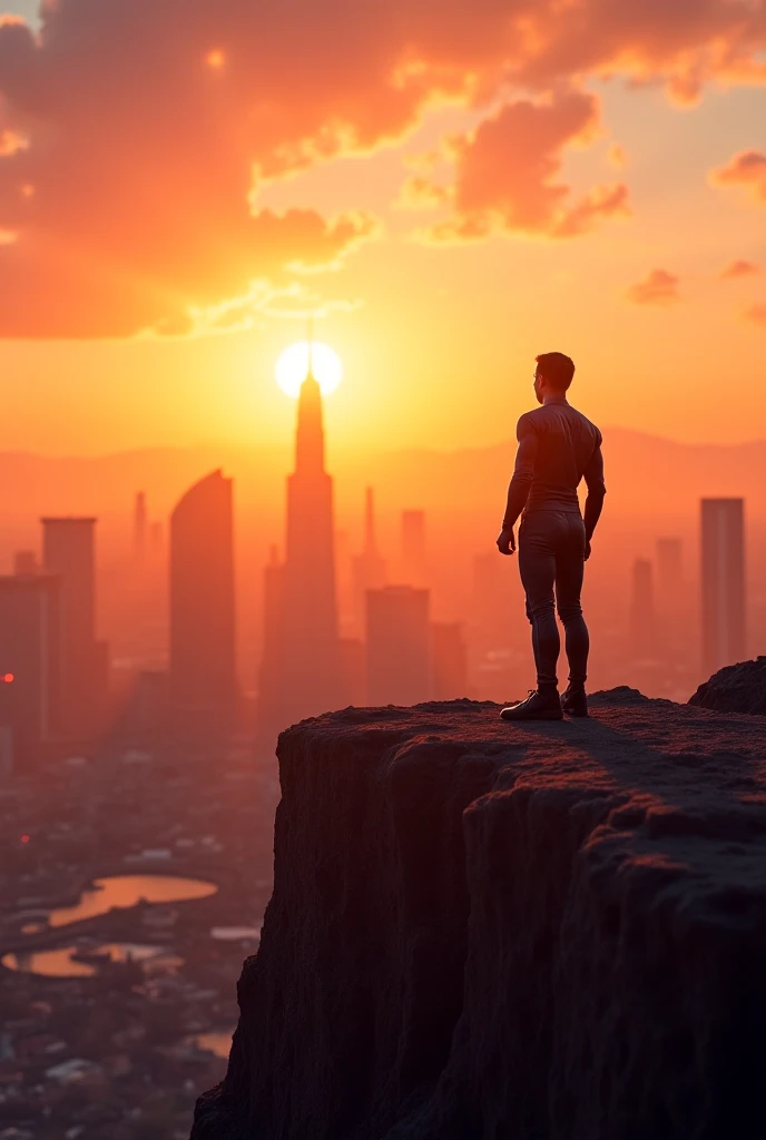 Create an image of a person standing at the edge of a cliff during a breathtaking sunset, with a vast, glowing city skyline in the distance. The person is looking towards the horizon, dressed in a sleek, futuristic outfit, embodying the feeling of being on...