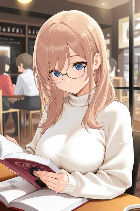 a high school girl, busty,light brown shoulder length hair, blue eyes, glasses, cafe, reading a book, white sweater