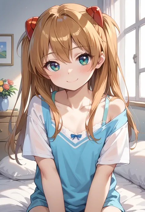 (( top quality)), (( Masterpiece)), (be familiar with),  perfect face,  indoor, bedroom,  watching viewers,
One woman,  Soryu Asuka Langley,
開いた口,  ecstatic expression, blush, smile,
 small tits,  flat chest, Young girl,  lori,  s,  girl,
 long hair,  two ...