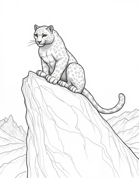 Make A Snow Leopard Resting on a Rocky Cliff Overlooking the Valley – A big, powerful snow leopard lying on a bold, jagged rock formation, surrounded by distant mountains and swirling clouds. everything done like bold pencil line art. coloring pag