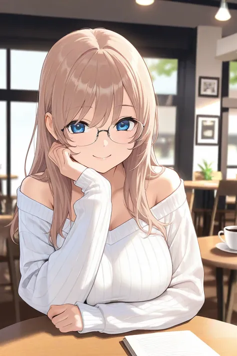 a high school girl, busty,light brown shoulder length hair, blue eyes, glasses, cafe, white sweater, smile