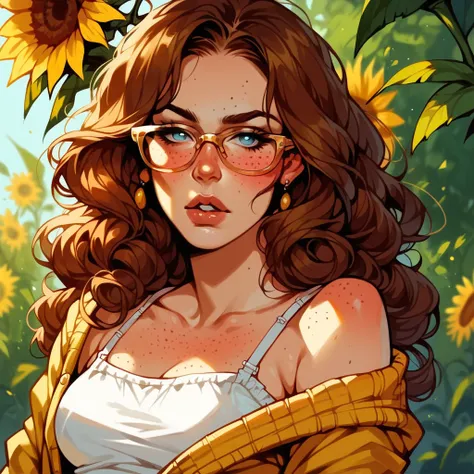 outdoor sunflower farm background, solo, 1woman, pale skin, freckles, small breasts, curvy hips, brown hair, long curly hair, blue droopy eyes, portrait, mature, chubby , golden big glasses, maternal, ((off-shoulder white shirt)), ((blue skinny jeans)), ((...