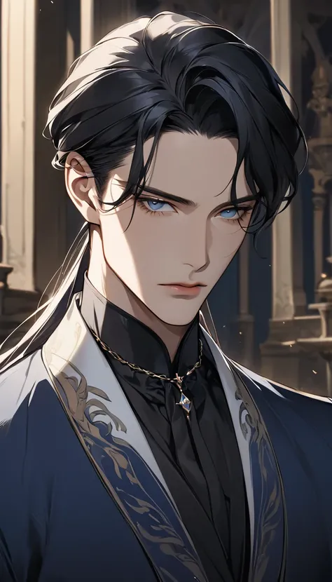 A semi-realistic anime-style man with a calm and composed expression. Age 27. He has short, sleek black hair, cool demeanor. His complexion is a healthy pale white, with warm undertones that contrast nicely with his dark features. His face is sharp and sym...