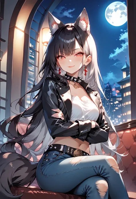 ((masterpiece, best quality, ultra detailed, high resolution, beautiful detailed face, beautiful detailed eyes, perfect hands)), (1 woman, solo, wild), (wolf ears and tail), (black hair, silver inner color hair, very long hair, diagonal bangs), (turime:1.3...