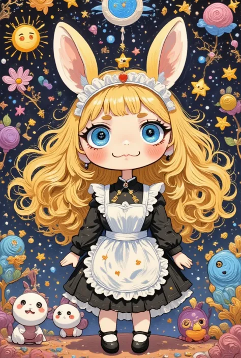 psychedelic wonderland, 1 chibi girl, funny expression, two anthropomorphized rabbits in maid dresses, ultra detailed, absolutely resolution, masterpiece