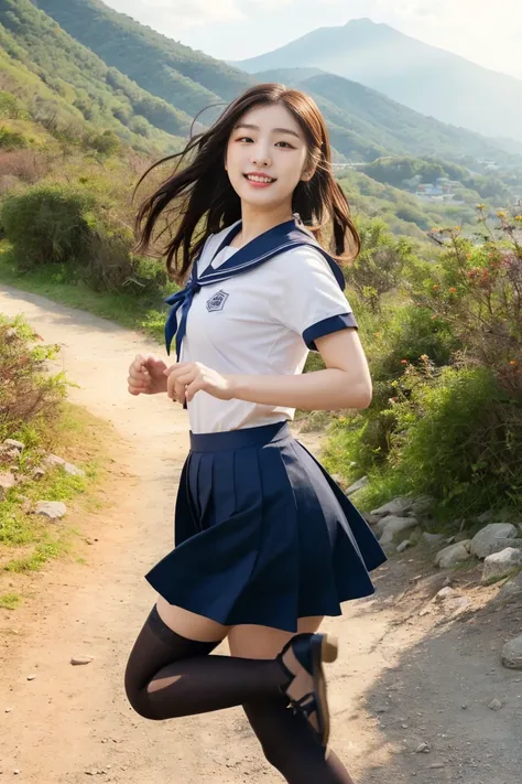 A girl is wearing a very short sailor-style school uniform with black thigh-high stockings and school loafers. The background is a secluded, quiet mountain path with no one around. She is running along the mountain trail, her skirt lifting slightly in the ...