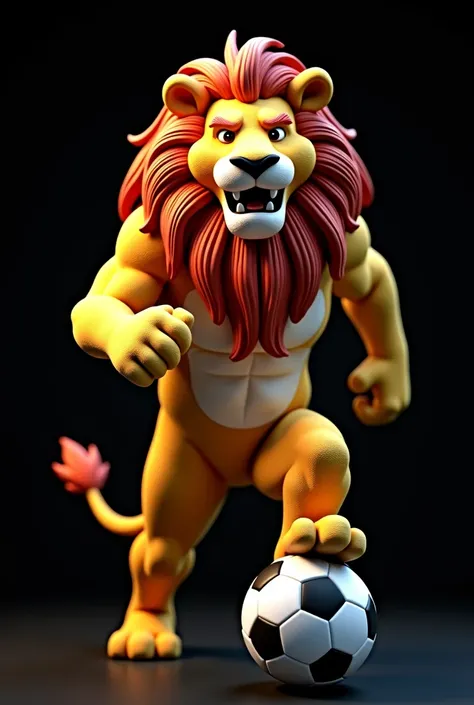 a close up of a lion with a soccer ball on a black background,  a digital rendering of Mario Dubsky, Featured in the dribble ,  Digital Art , football mascot,  mascot of the sports team ,  sports mascot ,  2 by the full-body lion , lion body, lions,  promo...