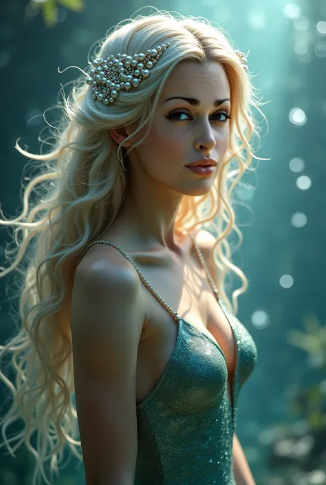 Aphrodite mermaid,  beautiful,  long hair, blacks adorned with pearls,  brown eyes 