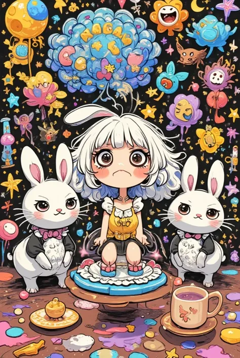 psychedelic wonderland, 1 chibi girl, funny expression, two anthropomorphized rabbits in maid dresses, ultra detailed, absolutely resolution, masterpiece