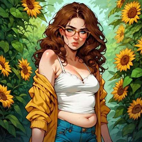 outdoor sunflower farm background, solo, 1woman, pale skin, freckles, small breasts, curvy hips, brown hair, long curly hair, blue droopy eyes, portrait, mature, chubby , golden big glasses, maternal, ((off-shoulder white shirt)), ((blue skinny jeans)), ((...