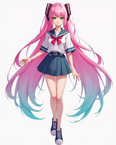  Create a character in the semi-realistic style, green eyes,light pink hair with tips and cyan,on a full-body white backdrop,wearing high school clothes 