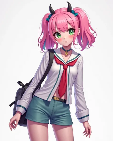  Create a character in the semi-realistic style, green eyes,light pink hair with tips and cyan,on a full-body white backdrop,wearing high school clothes 