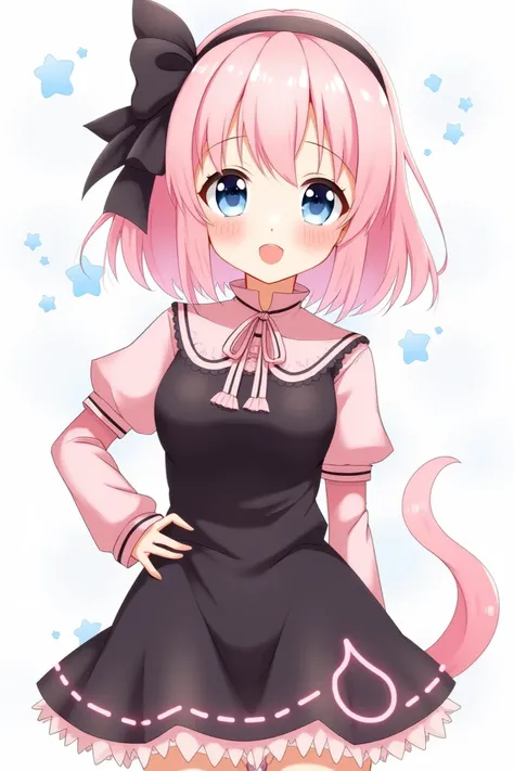  Create an image

*details*

1. *Style*: Anime kawaii.
2. *Hair*: Medium light pink ,  with a dark pink ribbon.
3. *eyes*: blues.
4. *clothing*:  Black and pink together .
5. *action*:  hand on waist.
6. *position*:  from the front,  looking at the camera ...