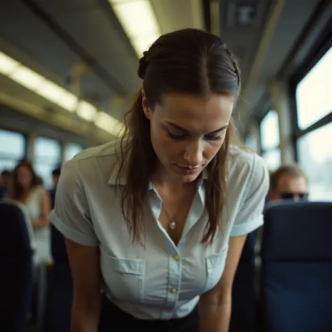  view from below. A young Danish train attendant bends over the observer.  She is wearing an unbuttoned airy uniform. She has nice small breasts. Focus on breasts 